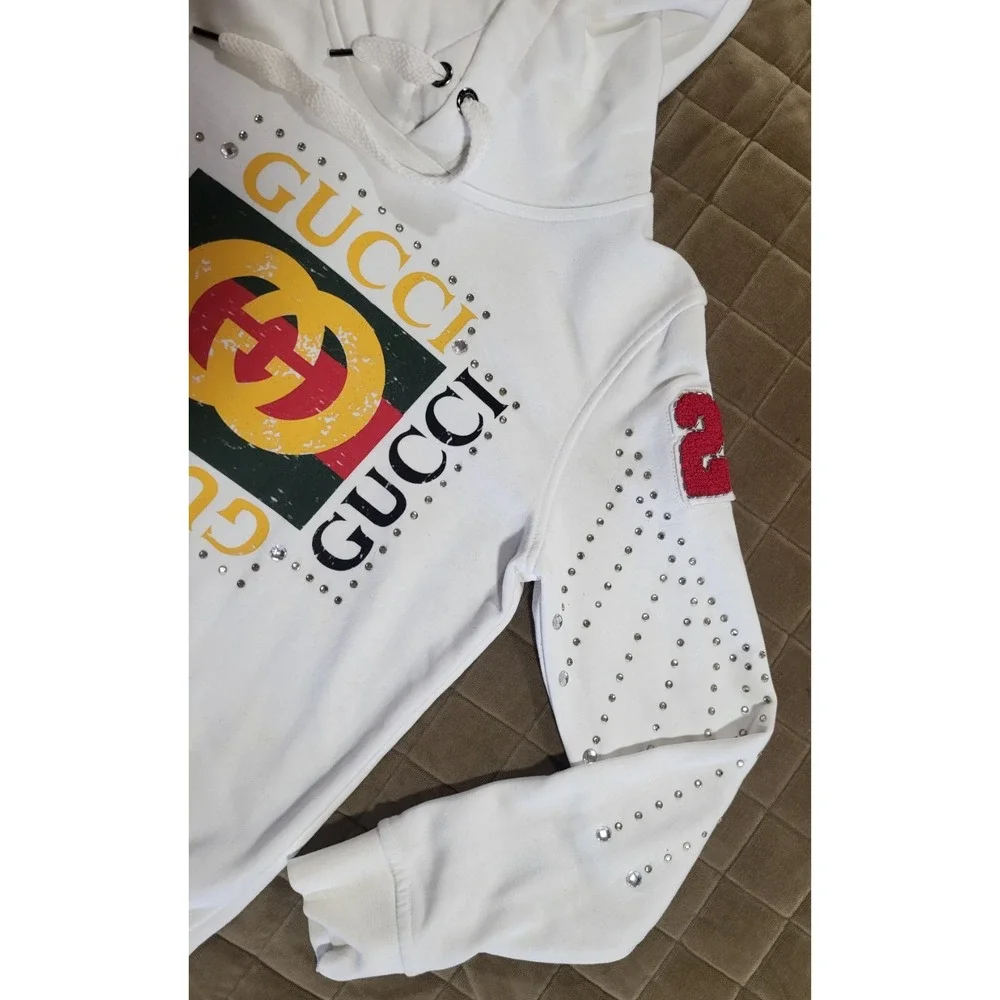 Gucci Distressed Logo Print Hoodie Ivory Size Medium W/Rhinestone Diamonds